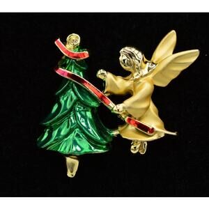 GIGI Vintage Pin Brooch Tac Christmas Brushed Gold Tree Angel Signed 1980s BinAC